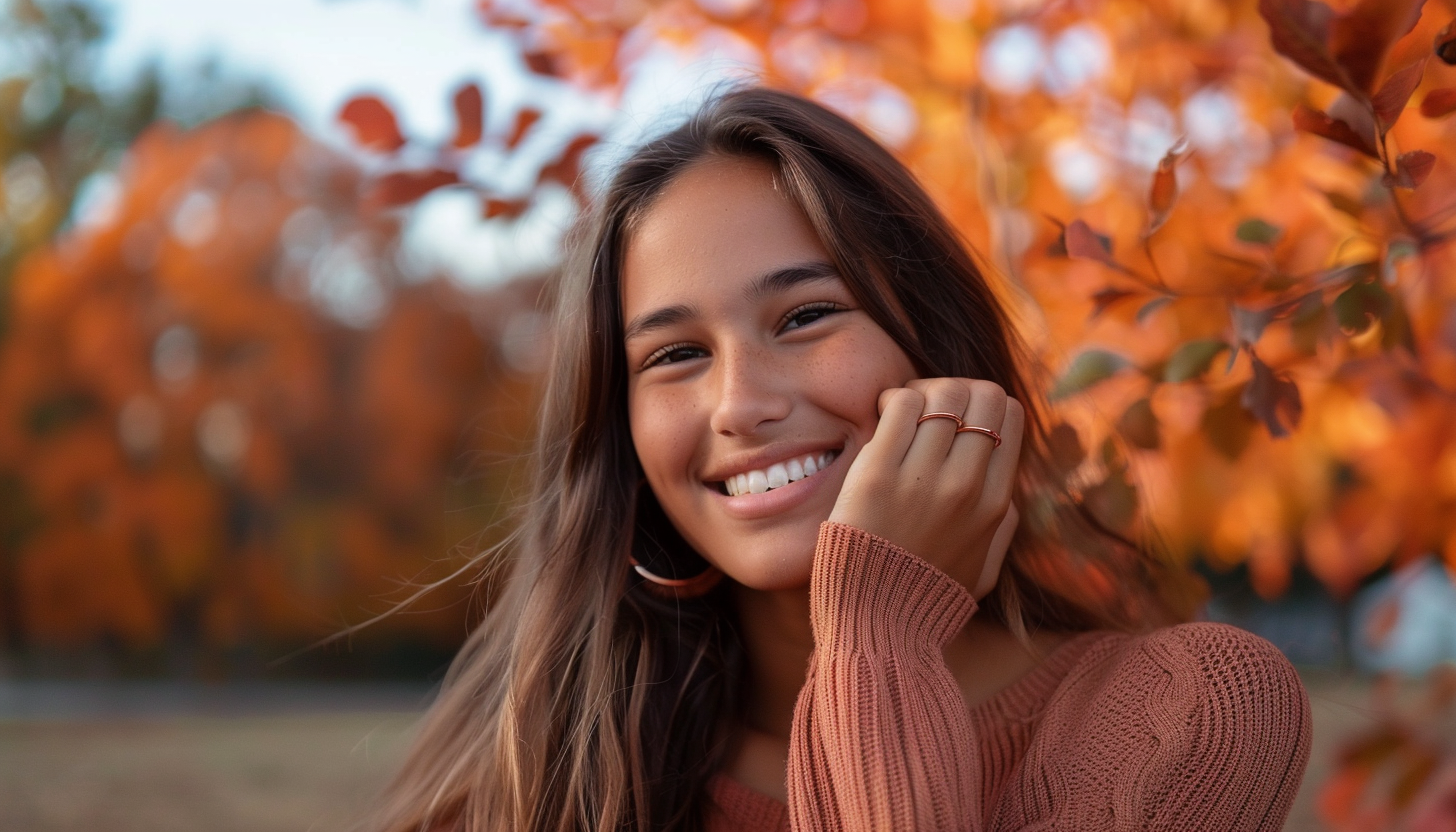 a smiling brunetter wearing minimalist rose gold plated fashion rings, her hand holding her cheek, she is wearing a dusky rose colored top, there are trees with orange leaves in the background