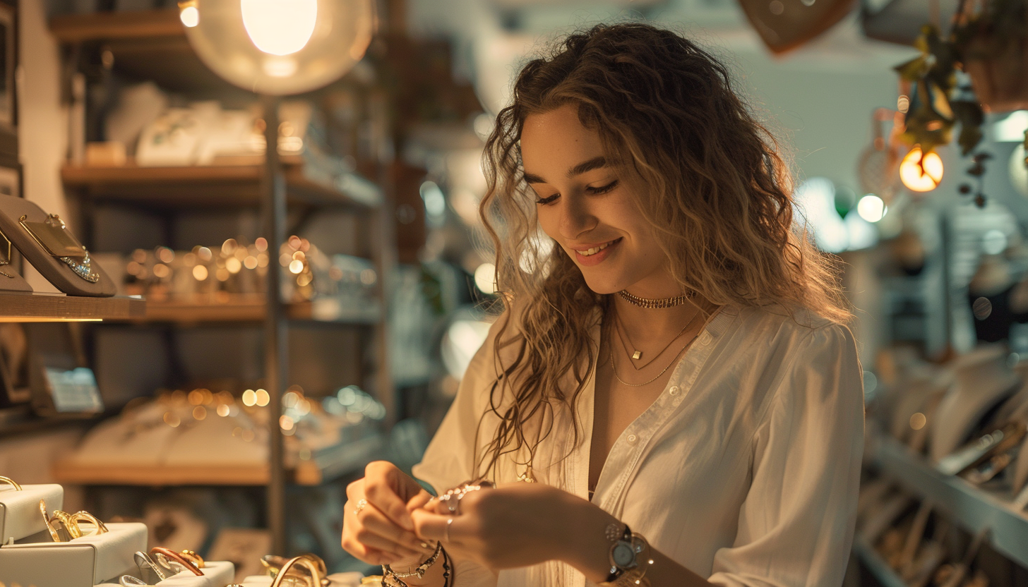 smiling curly-haired blonde checking out fashion rings in a jewelry store