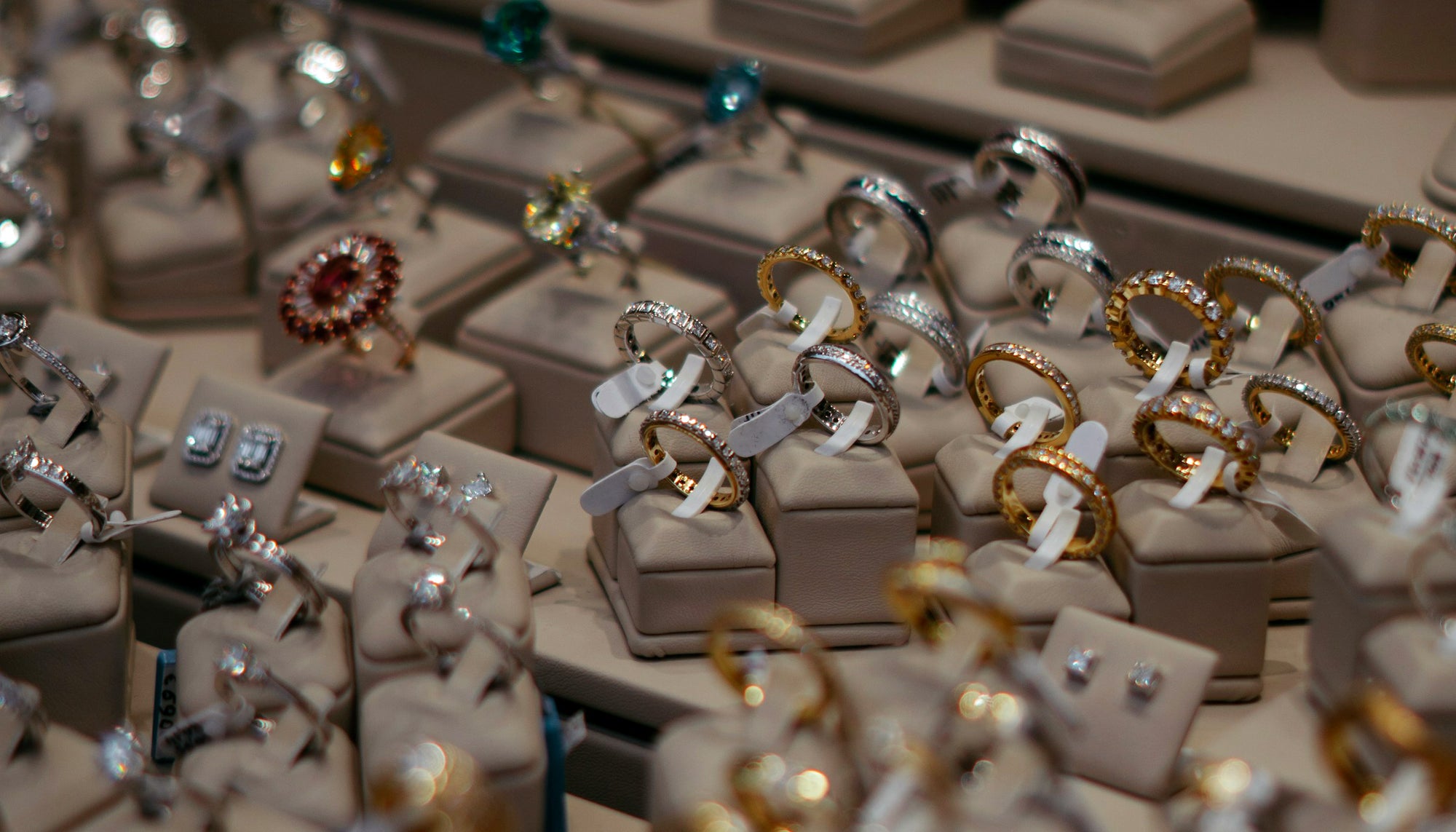 fashion rings on ring holders on display