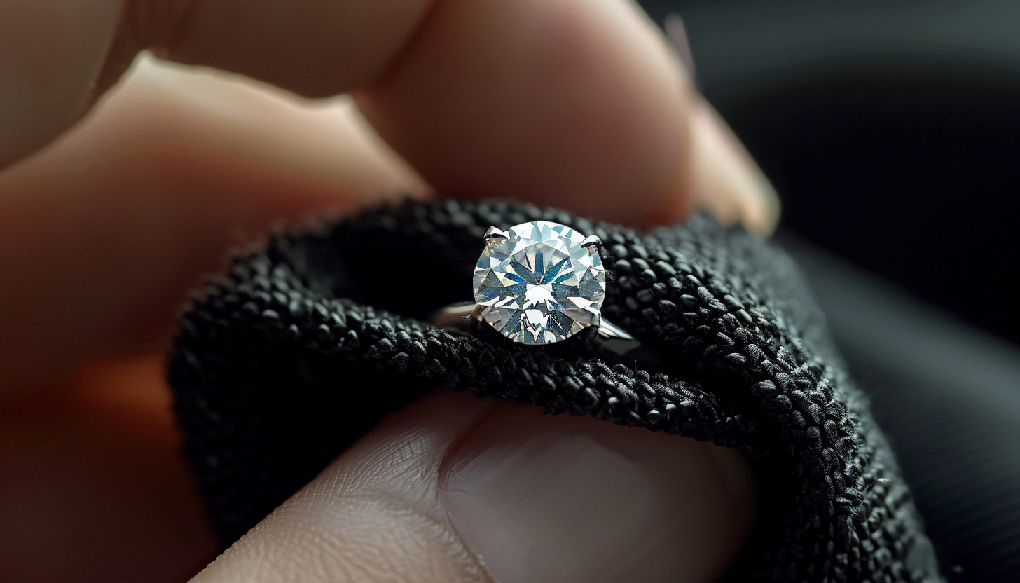 macro photograph of a solitaire fashion ring wrapped with a black cleaning cloth seemingly being cleaned