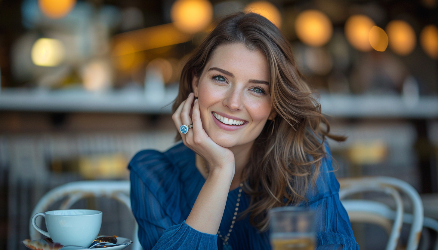 smiling brunette wearing a sapphire blue crystal fashion ring and a blue top