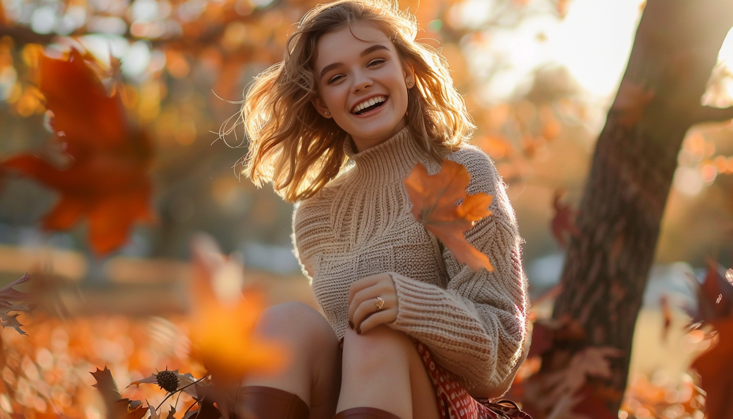 smiling short haired blonde woman sitting on the ground wearing a light brown sweater, brown knee-high boots, and fashion jewelry, trees with orange leaves in the background